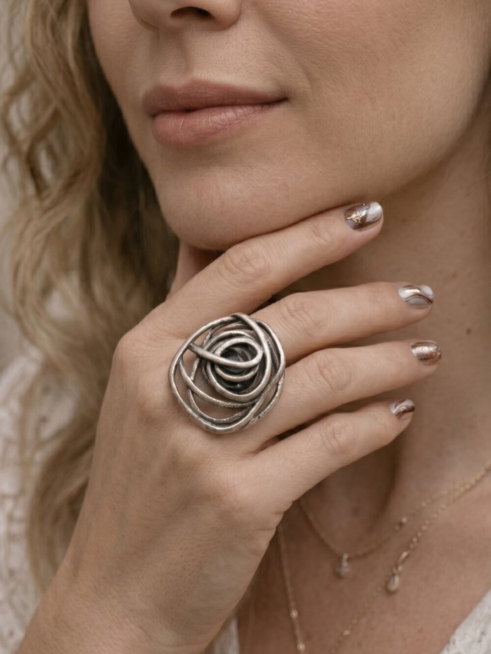 Turkish Zamak Silver Rose Ring Large Statement Adjustable Abstract Boho Jewelry